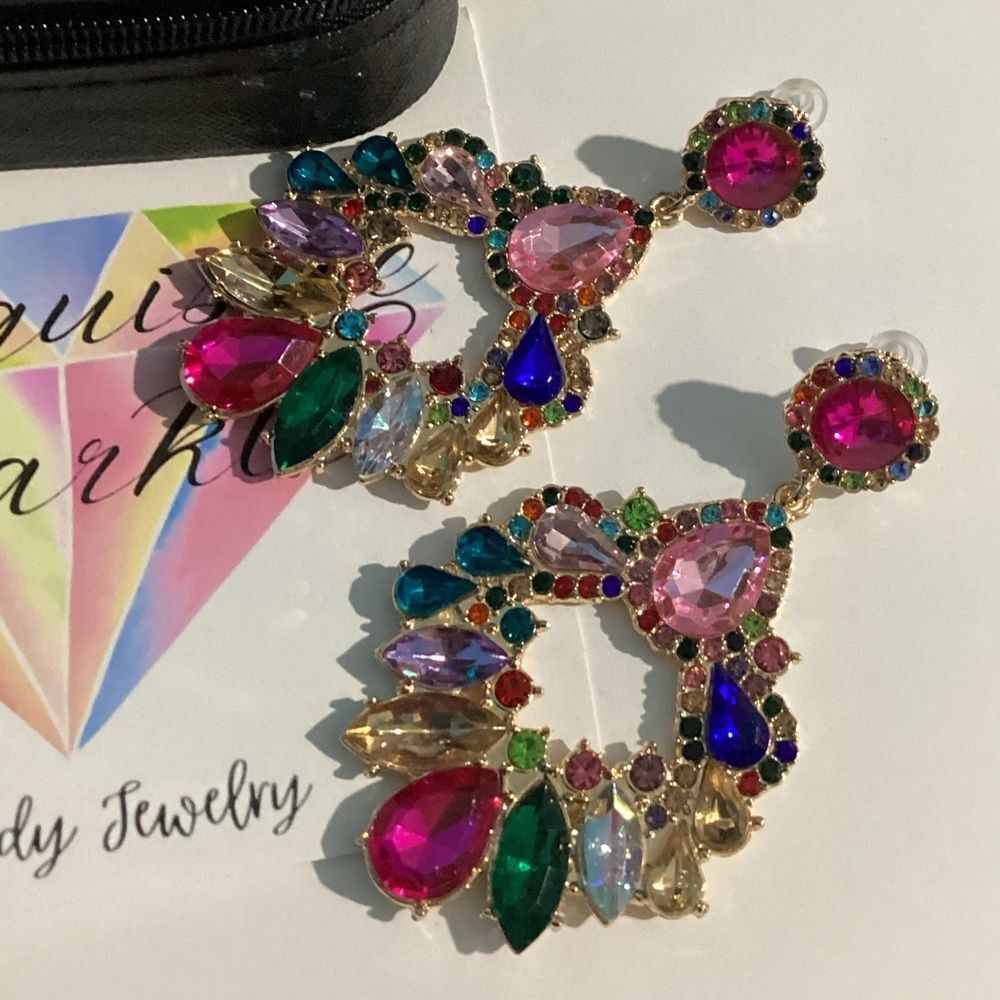 Gold Tone  Multicolored Sparkly Crystal Bead Post Back Drop Dangle Earrings